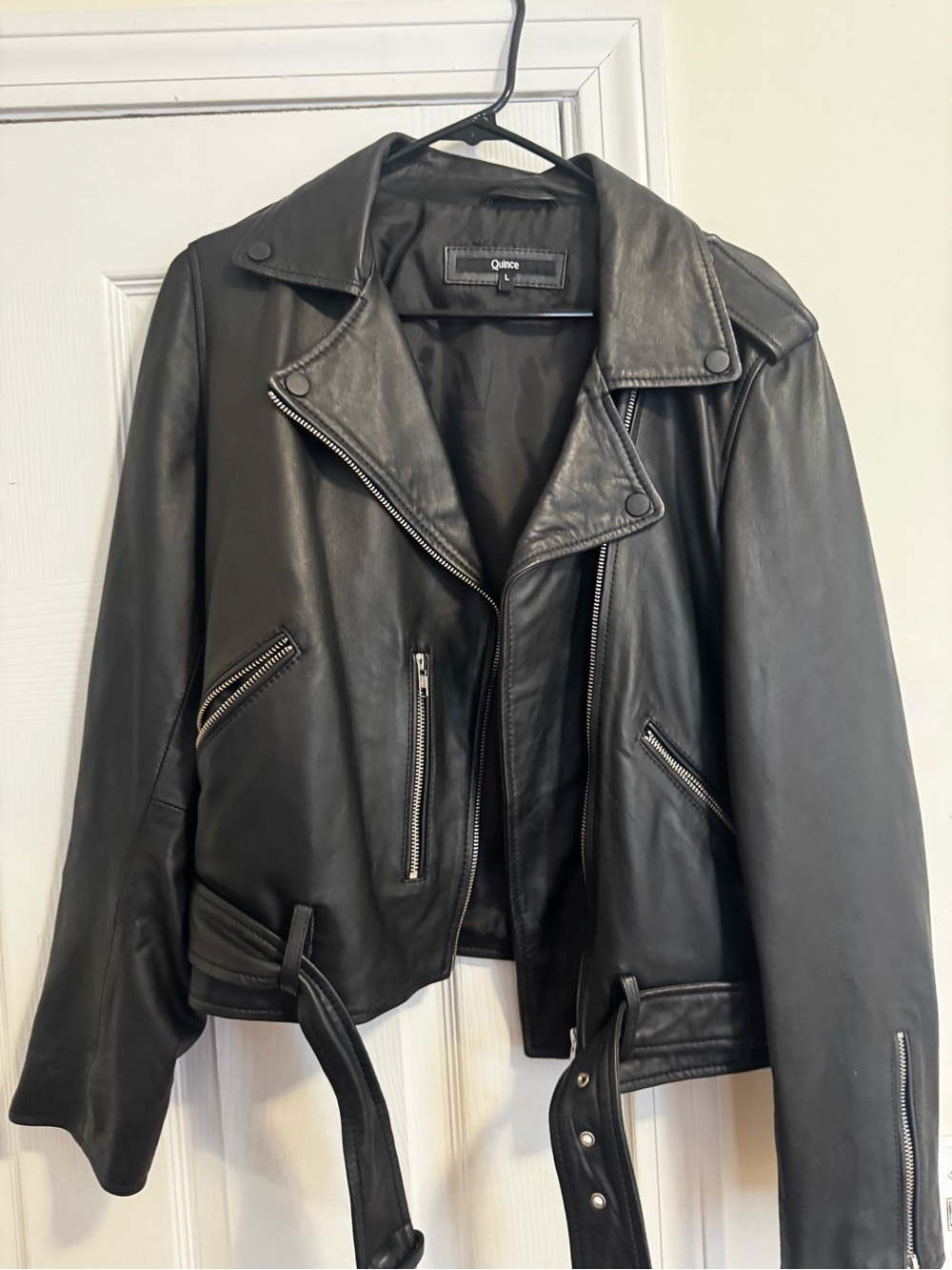 Quince Black Leather Biker Jacket with Silver Zippers